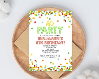 Colorful Confetti Birthday Invitation Template, ANY AGE, Instant Download Cute Birthday Invitation for Boys Teens Kids Girls Adults, Corjl