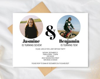 Joint Birthday Invitation Template, Sibling Birthday Invitation, Photo Birthday Invite, Joint Party Invitation, Instant Download Invitation