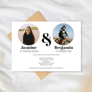 Modèle d'invitation d'anniversaire commun, invitation d'anniversaire de frère et de soeur, invitation d'anniversaire de photo, invitation commune de partie, invitation de téléchargement immédiat