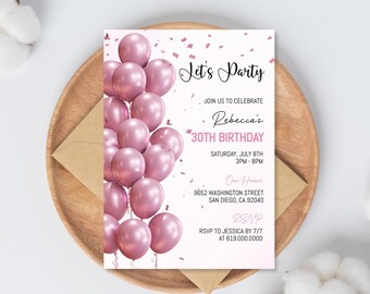 Plantilla de invitación de cumpleaños de globos rosas, invitaciones editables de fiesta de cumpleaños rosa para niñas, mujeres, niños y adultos, Corjl Descarga instantánea DIY