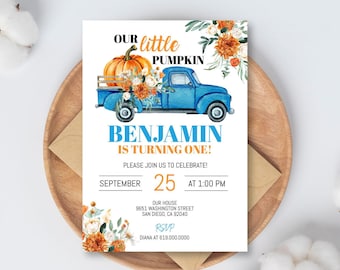 Pumpkin First Birthday Invitation, Little pumpkin is one, Truck with Pumpkin Invite Template, Fall Birthday, 1st Autumn, Corjl DIY, Blue Boy