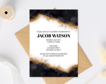 Black & Gold Birthday Invitation Template/Luxury Black Birthday Party Invitation Editable/Instant Download Corjl DIY, Elegant Modern Invite