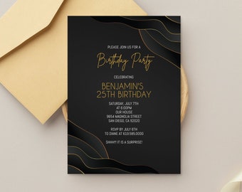 Editable Gold & Black Birthday Invitations/ANY AGE/Luxury Black Birthday Invitation Template for Adults, Women, Men, Teens/Instant Download