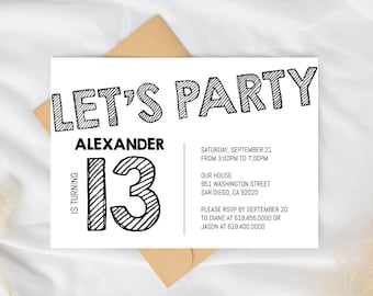 Simple Black and White Birthday Invitation Template, ANY AGE, Instant Download Birthday Invitation for Boys Teens Kids Girls, Corjl DIY