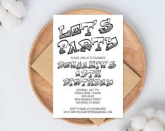 Simple Black and White Birthday Invitation Template, ANY AGE, Instant Download Birthday Invitation for Boys Teens Kids Girls, Corjl DIY