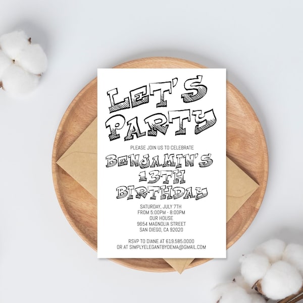 Simple Black and White Birthday Invitation Template, ANY AGE, Instant Download Birthday Invitation for Boys Teens Kids Girls, Corjl DIY