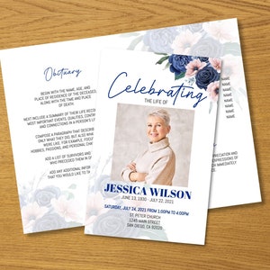 Blue Pink Funeral Program Template, Flowers Funeral Program for Men Women, Foldable  Floral Funeral Program Memorial Itinerary, Corjl DIY