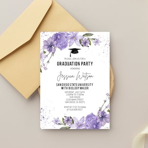 Purple Graduation Party Invitation Template, Floral Graduation Invitation Announcement, Purple Flowers, Corjl DIY Instant Download, Modern