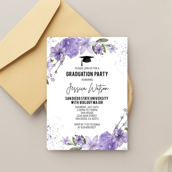 Purple Graduation Party Invitation Template, Floral Graduation Invitation Announcement, Purple Flowers, Corjl DIY Instant Download, Modern