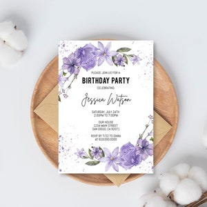 Modèle d&#39;Invitation d&#39;anniversaire floral violet, faire-part de fête d&#39;anniversaire fleurs violettes, modèle Corjl bricolage téléchargement immédiat, faire-part moderne