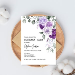 Ruhestand Party Einladung Vorlage, Lila Blumen Ruhestand Feier Einladung, Lila Blumen Ruhestand, Sofort Download Corjl DIY