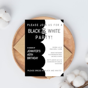 Stylish Black and White Birthday Party Invitations Template, Adult Party Invitation, Black & White Theme Party, Instant Download, Corjl DIY