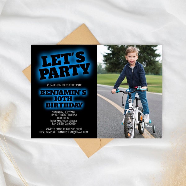 Black & Blue Birthday Invitation for Boys Teens Kids/ANY AGE/Neon Blue Birthday Invitation Template/Instant Download/Glow in the Dark Party