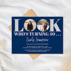 Silver & Blue Birthday Invitation for Men Women, Modern Blue Birthday Invite, Photo Birthday Invitation Template/ANY AGE/Instant Download