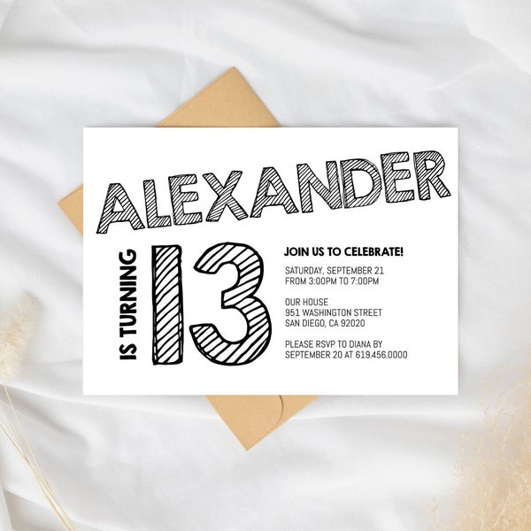 Simple Black and White Birthday Invitation Template, ANY AGE, Instant Download Birthday Invitation for Boys Teens Kids Girls, Corjl DIY