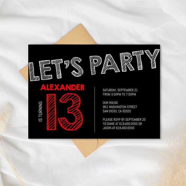 Black and Red Birthday Invitation for Teens Boys Teenagers Girls Adults Kids/ANY AGE & Color/Corjl/Red Birthday Invitations/Instant Download