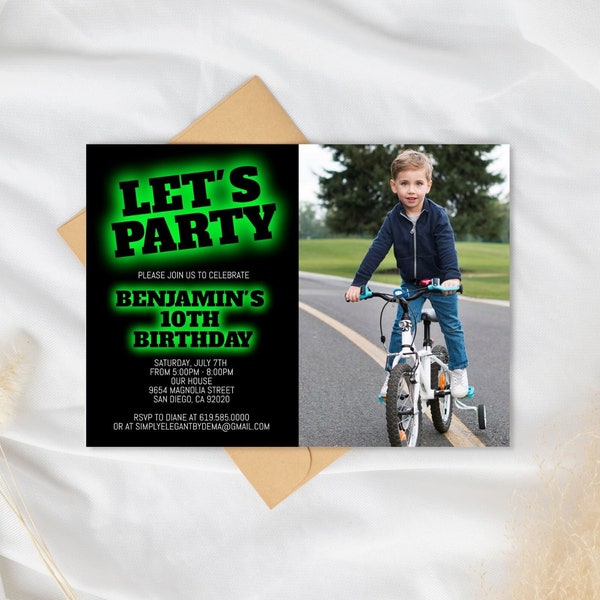Black & Green Birthday Invitation for Boys Teens Kid/ANY AGE/Neon Green Birthday Invitation Template/Instant Download/Glow in the Dark Party