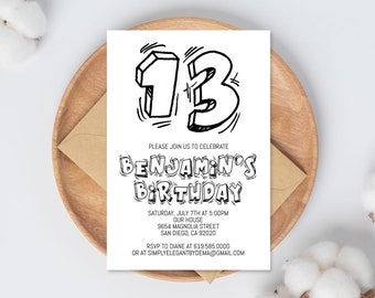 Modello semplice di invito di compleanno in bianco e nero, QUALSIASI ETÀ, invito di compleanno a download istantaneo per ragazzi, adolescenti e ragazze, Corjl fai da te