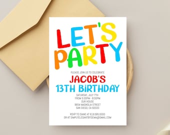 Simple Colorful Birthday Invitation Template, ANY AGE, Instant Download Birthday Invitation for Boys Teens Kids Girls Adults, Corjl DIY