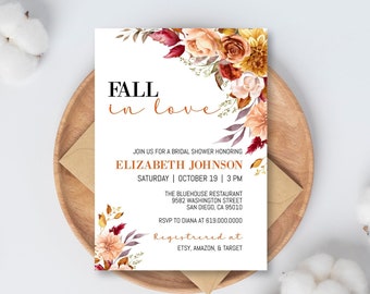 Fall in Love Bridal Shower Invitation, Terracotta Bridal Shower Invitation, Fall in Love Invitation, Floral Fall Invite, Edit with Corjl DIY