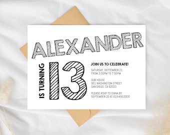 Simple Black and White Birthday Invitation Template, ANY AGE, Instant Download Birthday Invitation for Boys Teens Kids Girls, Corjl DIY