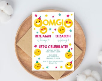 Colorful Emoji Joint Birthday Party Invitation Template, Emoji Double Birthday Party, Siblings Birthday Party Invitation, Corjl DIY Template