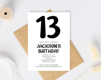 Simple Black and White Birthday Invitation Template, ANY AGE, Instant Download Birthday Invitation for Boys Teens Kids Girls, Corjl DIY