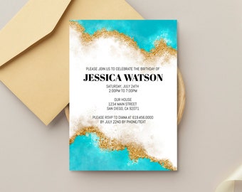 Teal and Gold Birthday Invitation Template (DIY Digital Download Corjl)