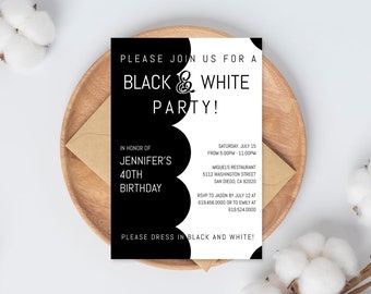 Stylish Black and White Birthday Party Invitations Template, Adult Party Invitation, Black & White Theme Party, Instant Download, Corjl DIY