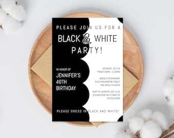 May include: Black and white party invitation with a bold graphic design. The invitation is for Jennifer's 40th birthday party, to be held at Miguel's Restaurant in San Diego, California on Saturday, July 15th from 5:00 PM to 11:00 PM. RSVP information is included.