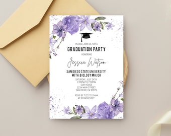 Purple Graduation Party Invitation Template, Floral Graduation Invitation Announcement, Purple Flowers, Corjl DIY Instant Download, Modern