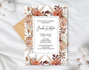 Flowers Birthday Invitation Template, Vintage Floral Birthday Invitations, Fall Birthday Invitation, Autumn, Instant Download Corjl DIY