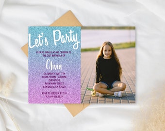 May include: A party invitation with a blue and purple glitter gradient background. The text "Let's Party" is at the top, followed by details for Olivia's 21st birthday. A photo of a girl sitting on a skateboard is on the right.