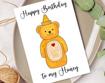 Honey Bear Birthday Love Card; Happy Birthday to my Honey; For Husband, Wife, Girlfriend, Boyfriend, Fiance; (Digital Download) PDF JPG