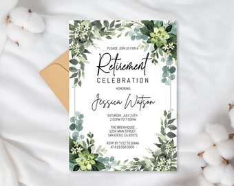 May include: A white invitation card for a retirement celebration, featuring green and white floral accents. The card includes the text "Retirement Celebration" and the name "Jessica Watson". The event details are also included.