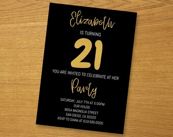 Black and Gold 21st Birthday Invitation for Men/Women/ANY AGE/Edit Yourself/Printable Gold Birthday Invitations/Instant Download/Template