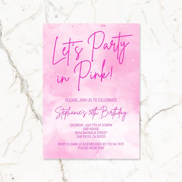 Let's Party in Pink Birthday Party Invitation for Women Girls Teens Adults Kid/Corjl DIY Template/Pink Birthday Invitations Instant Download