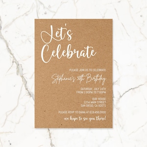 Vamos comemorar o modelo editável de convite para festa de aniversário, convite de aniversário em papel Kraft, convite minimalista, download instantâneo Corjl DIY