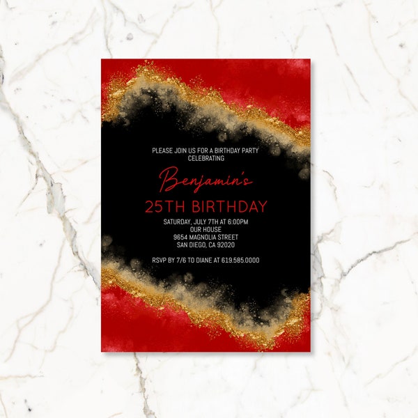 Editable Red, Gold, & Black Birthday Invitations/ANY AGE/Luxury Red Birthday Invitation Template/Instant Download/Adults, Kids, Teens, Men