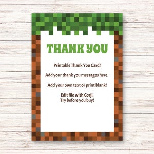 Cartão de agradecimento pixelado, cartão de agradecimento de videogame, agradecimento de pixel, festa de jogos, cartão de agradecimento de jogo Minecraft/DIY Corjl Edite-se 5x7