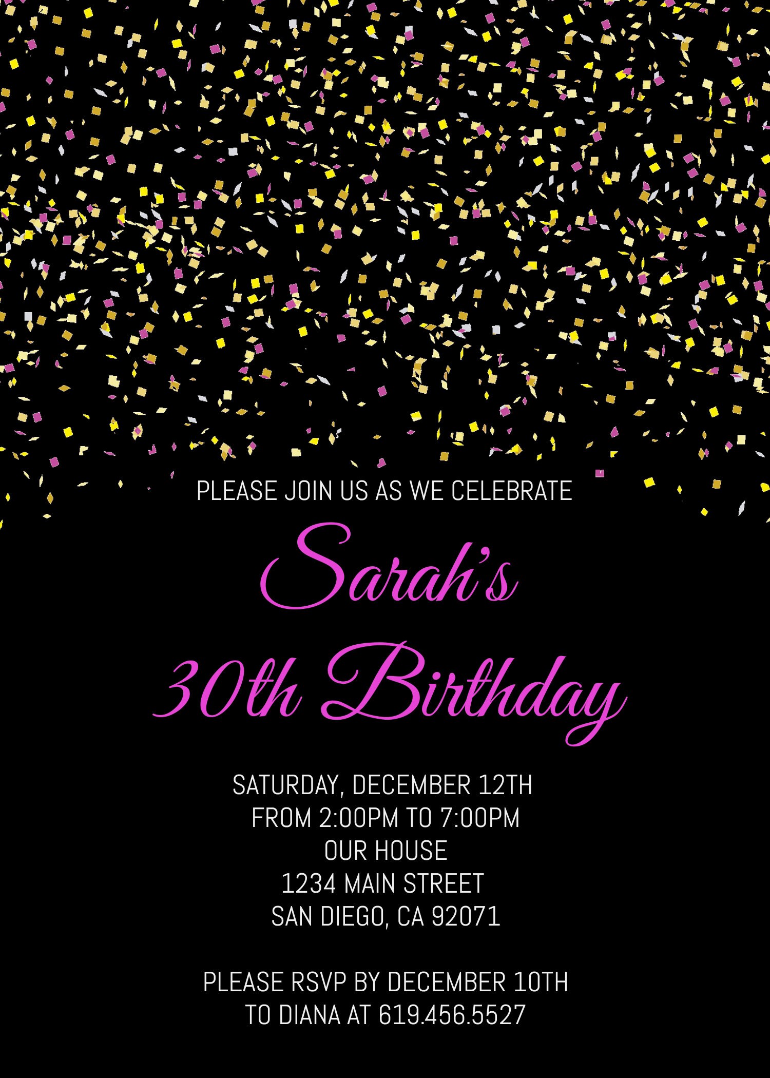 Black, Pink &amp; Gold Birthday Invitations Template/pink Gold Confetti ...