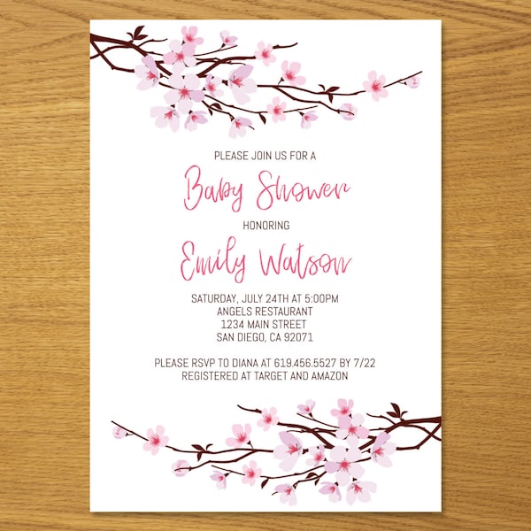 Cherry Blossom Baby Shower Invitations Template/Japanese Baby Shower Invitations/Corjl Template/Pink Floral Baby Shower Invitations/Flowers