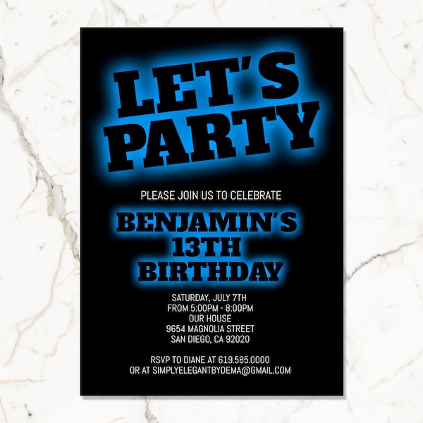 Black & Blue Birthday Invitation for Boys Teens Kids/ANY AGE/Neon Blue Birthday Invitation Template/Instant Download/Glow in the Dark Party