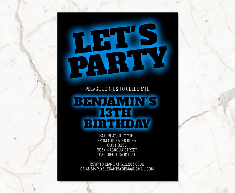 Black & Blue Birthday Invitation for Boys Teens Kids/ANY AGE/Neon Blue Birthday Invitation Template/Instant Download/Glow in the Dark Party image 1