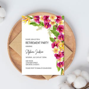 Ruhestand Party Einladung Vorlage, Tropisch Hawaiian Aloha Luau Ruhestand Feier Einladung, Floral, Sofort Download Corjl DIY