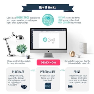 Puede incluir: Un gr&aacute;fico que muestra c&oacute;mo usar Corjl, una herramienta en l&iacute;nea para personalizar dise&ntilde;os. El gr&aacute;fico muestra una pantalla de computadora con el logotipo de Corjl, un bot&oacute;n de compra, un bot&oacute;n de personalizaci&oacute;n y un bot&oacute;n de impresi&oacute;n. El gr&aacute;fico tambi&eacute;n incluye texto que explica los pasos involucrados en el uso de Corjl.
