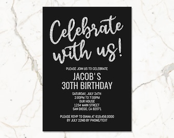 Black & Silver Birthday Invitations/Editable Silver Sparkle Birthday Invitations for Men Women/ANY AGE/Instant Download/Corjl Template DIY