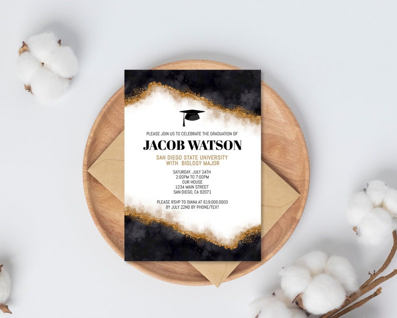 Black and Gold Graduation Invitation Template, DIY Corjl Invite ...