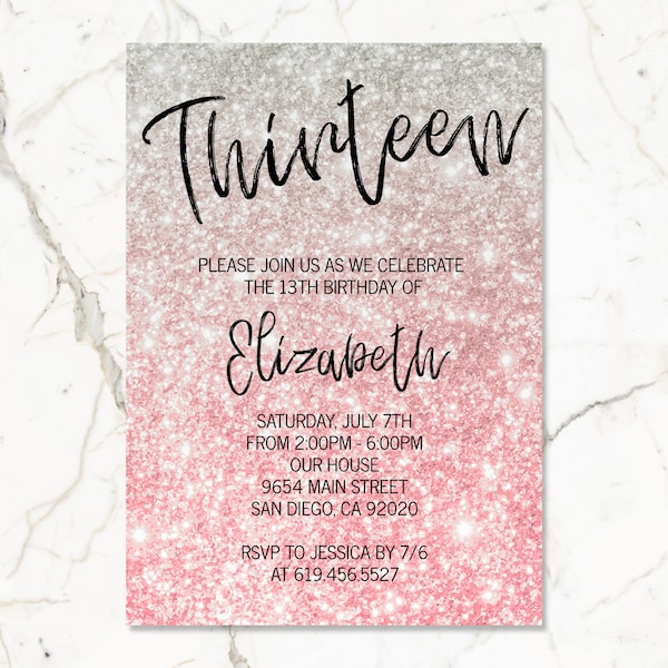 Glitter Pink & Silver Birthday Invitation Template/Girls Women Kids Teens/ANY AGE/Template Pink Glitter Birthday Invitation/Instant Download