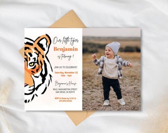 Little Tiger Birthday Invitation, Tiger Theme Birthday Invitation, Party Invite, Safari Animals Wild One, Corjl DIY Instant Download Digital